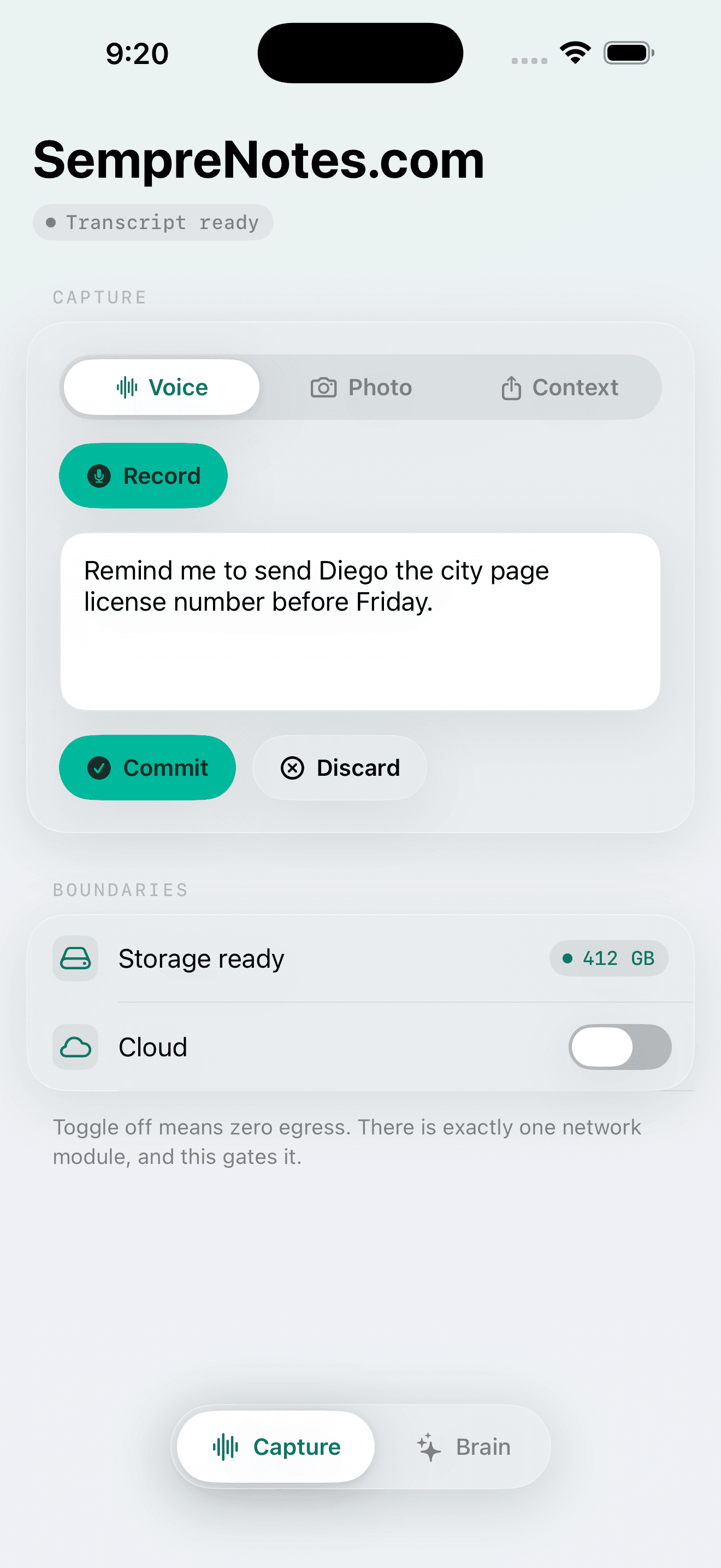 Voice capture with on-device transcript review